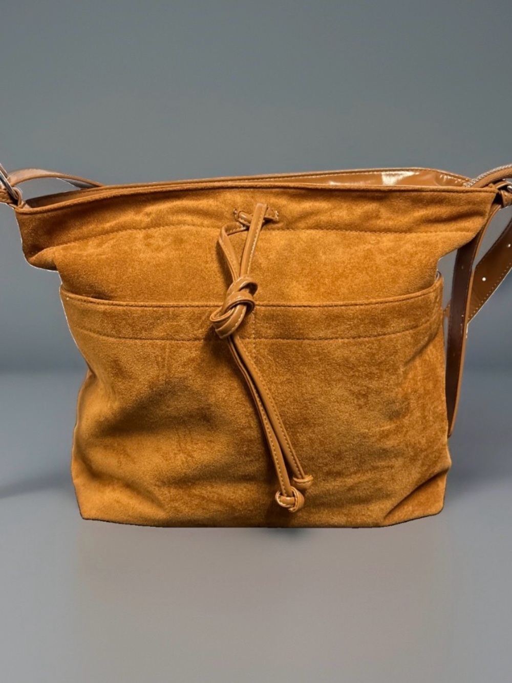Brown Suede/Patent Leather tote bag adjustable strap Zipper closure 13X13X5
